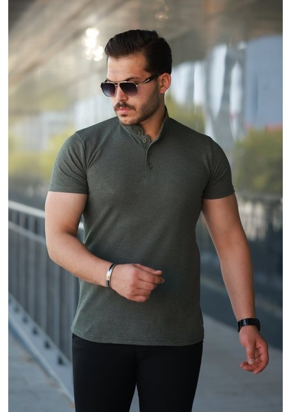 Erkek Hakim Yaka Dokuma Pamuklu Kumaş Kısa Kollu Tişört