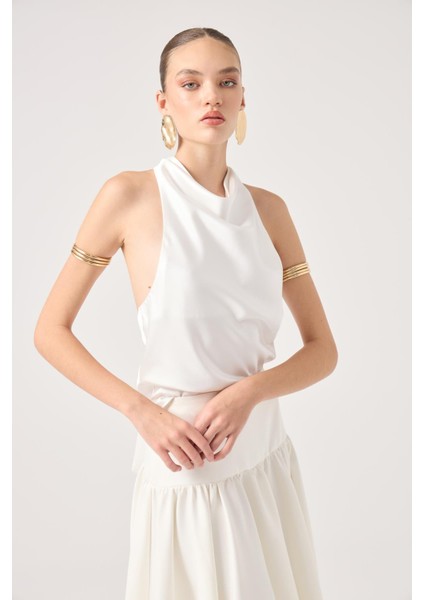 Degaje Yaka Saten Dalia Bluz Beyaz