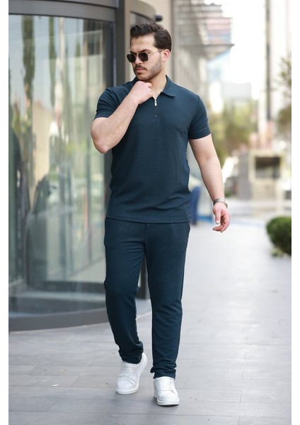 Erkek Yakalı Fermuarlı T-Shirt Pantolon Ikili Rahat Takım