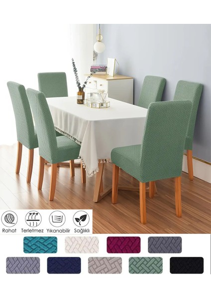 Tuğla Desen Likrali Jakarlı Kümaş Sandalye Örtüsü, Lastikli, Esnekli Sandalye Kılıfı 6 Adet