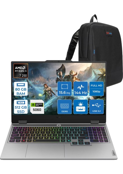 Loq 15AHP10 Amd Ryzen 7 250 Aı 80GB Ddr5 512GB SSD 8GB/RTX5060 100W Gddr7 15.6" Fhd (1920X1080) IPS 300NITS 144Hz Freedos Gaming BILG.83JG008UTRF22+ZETTAÇANTA
