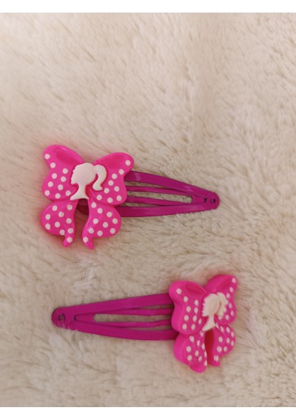 Mine Kaplamalı Ikonik Barbie ve Puantiyeli Desenli Çiftli Koyu Pembe Üçgen Model Çocuk Çıt Çıt Toka