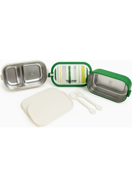 2 Katlı 3 Bölmeli Taşınabilir Beslenme Kabı Luch Box - Paslanmaz Çelik-Kulplu-Çatal Kaşık