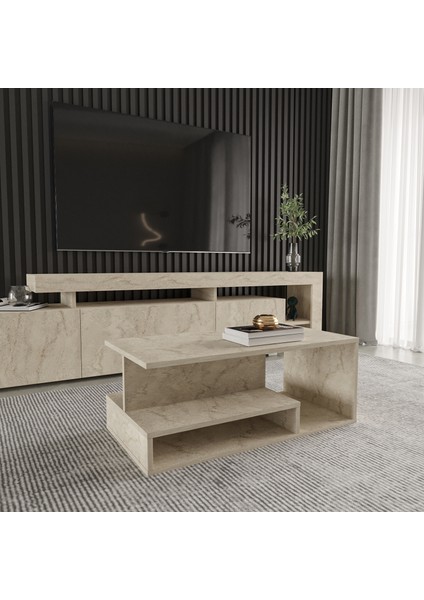 Vera Mini Orta Sehpa – Modern Tasarım, Fonksiyonel Raflı Yapı, Traverten