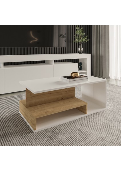 Vera Mini Orta Sehpa – Modern Tasarım, Fonksiyonel Raflı Yapı-Beyaz/Safir Meşe