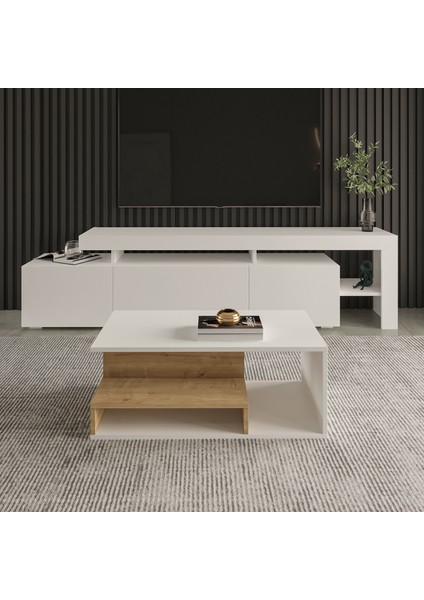 Vera Mini Orta Sehpa – Modern Tasarım, Fonksiyonel Raflı Yapı-Beyaz/Safir Meşe fiyatları
