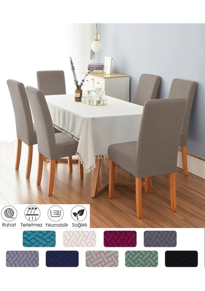 Tuğla Desen Likrali Jakarlı Kümaş Sandalye Örtüsü, Lastikli, Esnekli Sandalye Kılıfı 6 Adet