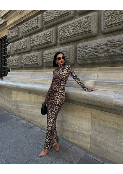 Kadın Uzun Kollu Balıkçı Yaka Gull Likralı Leopar Desen Maxi Boy Elbise modelleri