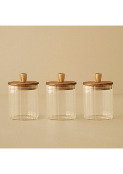Beatrice Ahşap Kapaklı 3'lü Kavanoz Seti Naturel (450 Cc)