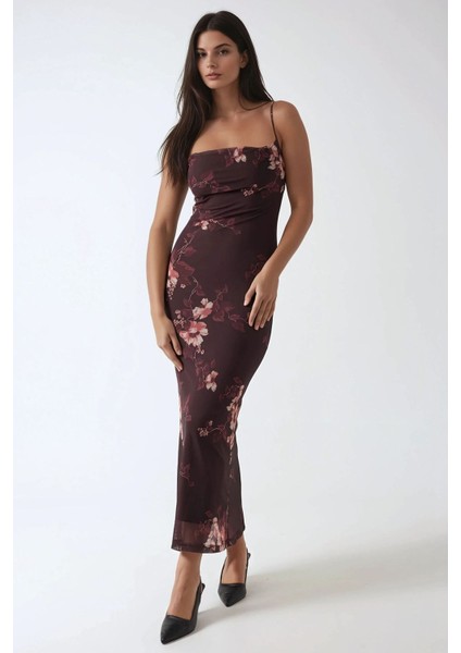 Kadın Desenli Askılı Bodycon Maxi Elbise Kestane Kahvesi