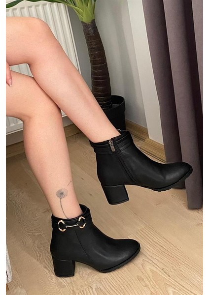 Kadın Siyah Cilt Uzun Toka ( 6 cm ) Topuklu Oval Burun Bot modelleri