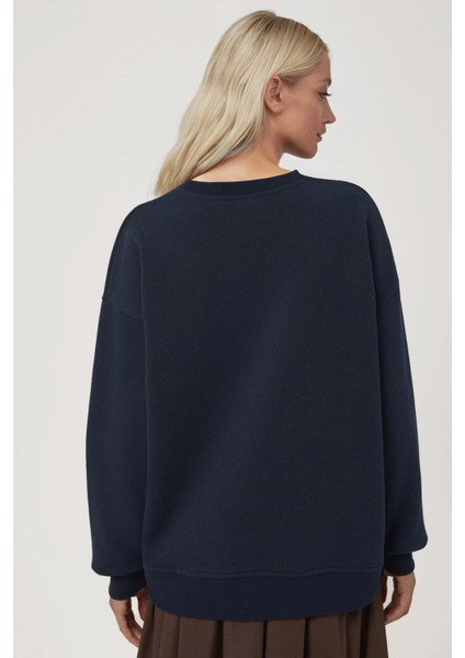 Kadın Rahat Hayvan Nakışlı Şardonlu Bisiklet Yaka Hoodie Blue