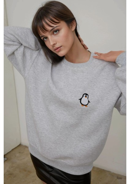 Kadın Rahat Hayvan Nakışlı Şardonlu Bisiklet Yaka Hoodie Grey