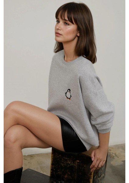 Kadın Rahat Hayvan Nakışlı Şardonlu Bisiklet Yaka Hoodie Grey modelleri