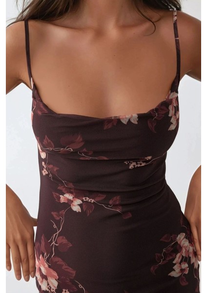 Kadın Desenli Askılı Bodycon Maxi Elbise Brown modelleri