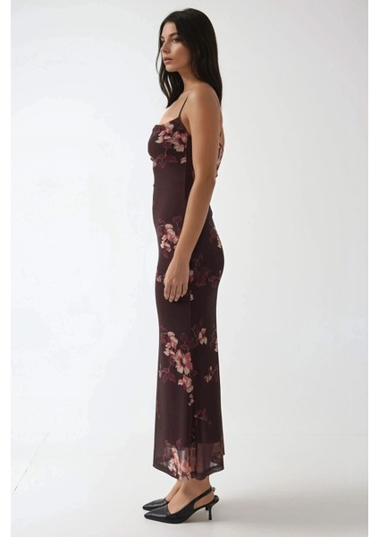 Kadın Desenli Askılı Bodycon Maxi Elbise Kestane Kahvesi indirimleri