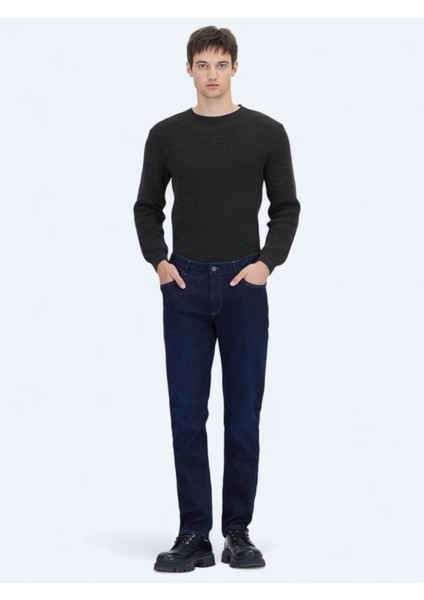 Lacivert Düz Slim Fit Denim Pamuk Karışımlı Pantolon