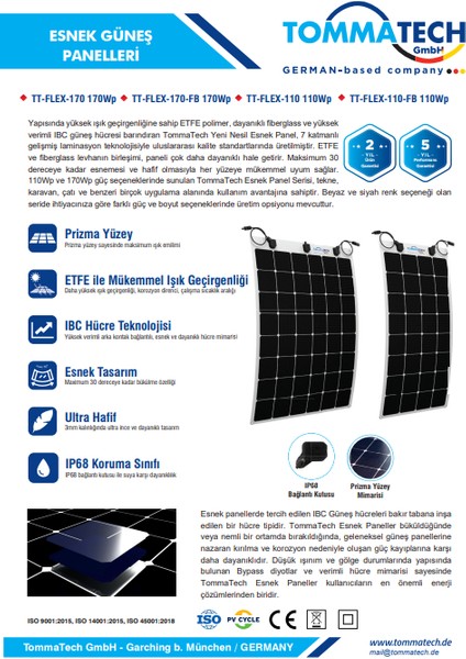 Esnek Güneş Paneli TT-FLEX-170 170WP modelleri