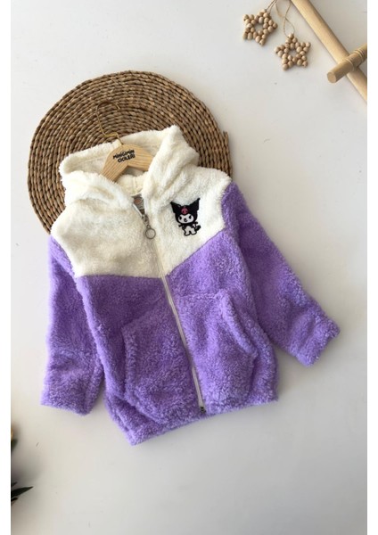 Krm Işleme Çift Renk Kapüşonlu Peluş Kız çocuk mont - Lila