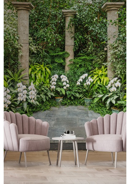 Orkideli Taş Sütunlu Bahçe Duvar Kağıdı