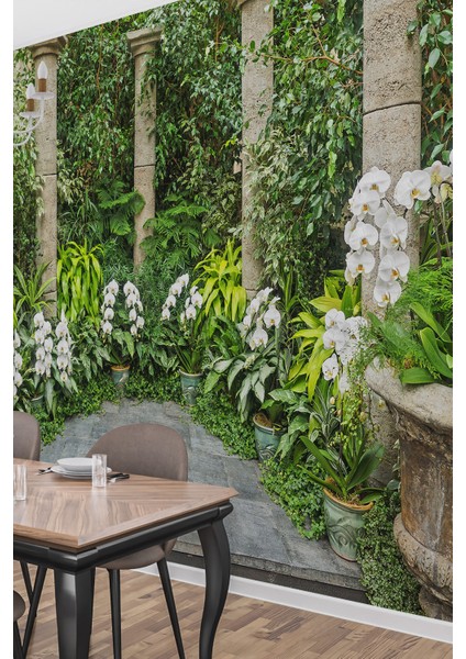 Orkideli Taş Sütunlu Bahçe Duvar Kağıdı fiyatları