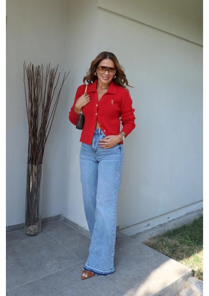 Mavi Taşlamalı Bol Paça Jean Pantolon