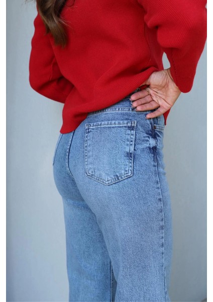 Mavi Taşlamalı Bol Paça Jean Pantolon fırsatları