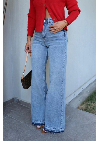 Mavi Taşlamalı Bol Paça Jean Pantolon indirimleri