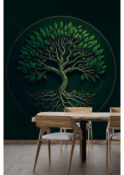 Mistik Yeşil Hayat Ağacı Desenli Duvar Kağıdı