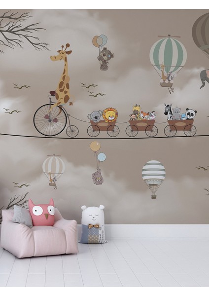 Hayvanlar Treni ve Balonlu Çocuk Odası Duvar Kağıdı