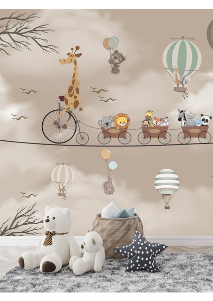 Hayvanlar Treni ve Balonlu Çocuk Odası Duvar Kağıdı modelleri