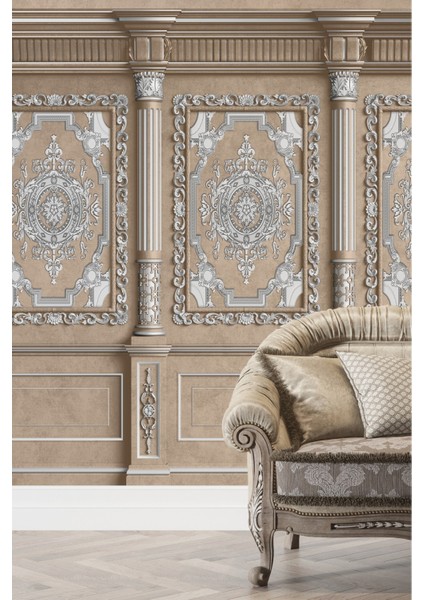Vintage Bej Gümüş Çerçeve Sütun Desenli Duvar Kağıdı