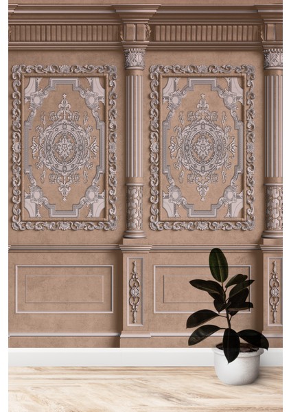 Vintage Bej Gümüş Çerçeve Sütun Desenli Duvar Kağıdı fiyatları