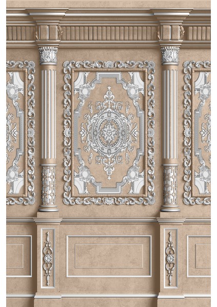 Vintage Bej Gümüş Çerçeve Sütun Desenli Duvar Kağıdı modelleri