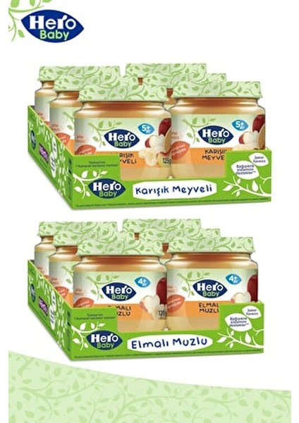 125 gr Karışık Meyveli, Elmalı Muzlu Kavanoz Mama 12 Adet 4 Aylık, 5 Aylık