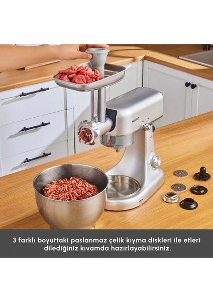 Multicast Plus Döküm Kıyma Çekme/Sucuk-Sosis/İçli Köfte/ Kurabiye Aparatlı Hamur Yoğurma Makinesi Silver 1000w 5l modelleri