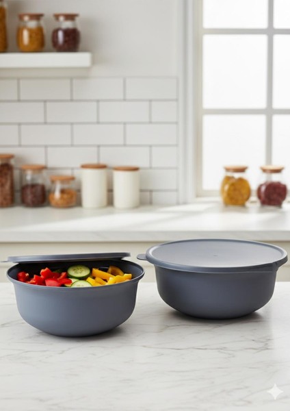 Plastik Saklama Kabı Seti - 2li Mutfak Saklama Kabı Takımı - 2 Litre, 23 cm - Gri