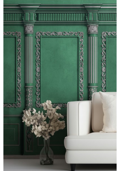 Vintage Yeşil Gümüş Çerçeve Sütun Desenli Duvar Kağıdı