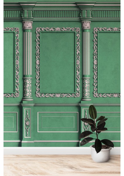 Vintage Yeşil Gümüş Çerçeve Sütun Desenli Duvar Kağıdı fiyatları