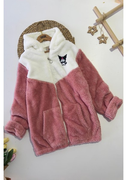 Krm Işleme Çift Renk Kapüşonlu Peluş Kız çocuk mont - Somon