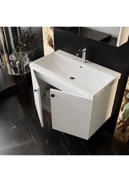 Mimoza 80CM Lavabolu, Aynalı Banyo Dolabı Seti, Seramik Lavabo Dahil, Beyaz, Mdf fiyatları