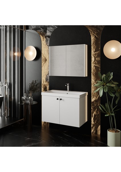 Mimoza 80CM Lavabolu, Aynalı Banyo Dolabı Seti, Seramik Lavabo Dahil, Beyaz, Mdf