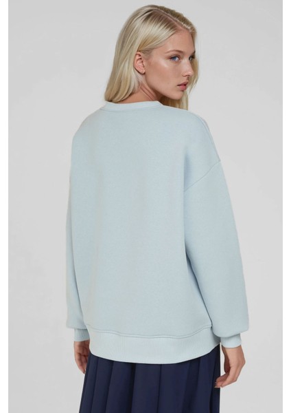 Kadın Rahat Hayvan Nakışlı Şardonlu Bisiklet Yaka Hoodie Blue fırsatları