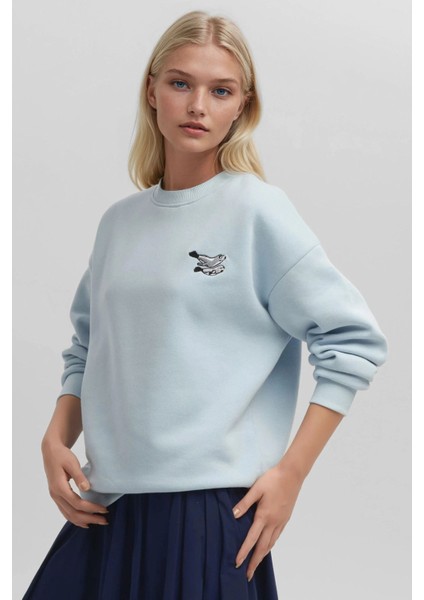 Kadın Rahat Hayvan Nakışlı Şardonlu Bisiklet Yaka Hoodie Blue indirimleri