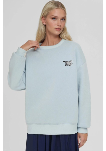 Kadın Rahat Hayvan Nakışlı Şardonlu Bisiklet Yaka Hoodie Blue