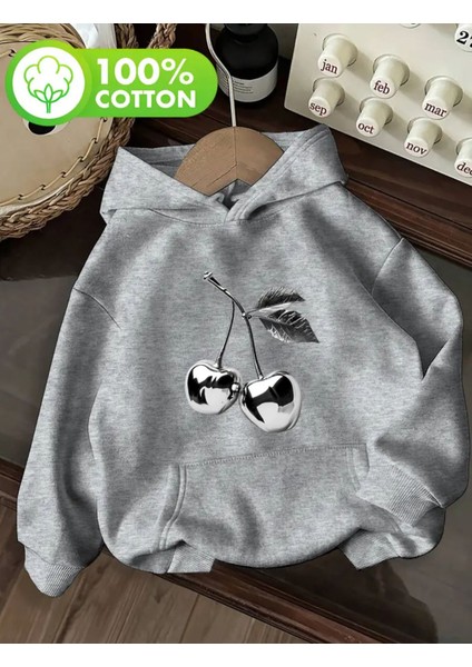 Kiraz Baskı Detaylı Içi Polarlı Kapüşonlu Sweatshirt