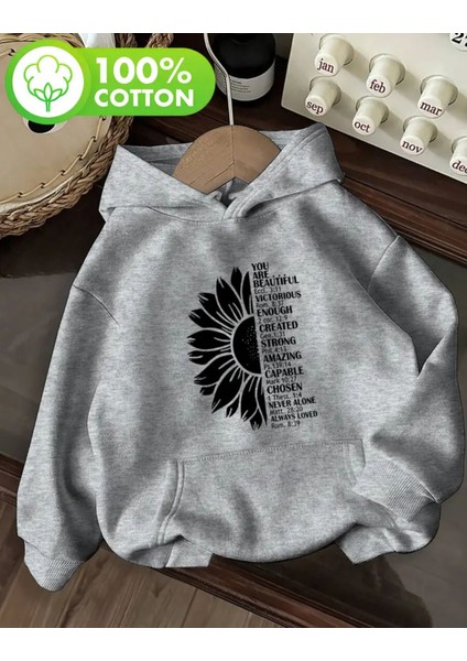 Çiçek ve Yazılar Baskı Detaylı Içi Polarlı Kapüşonlu Sweatshirt