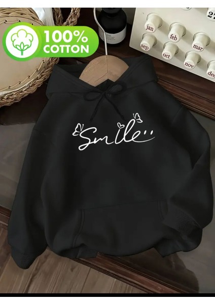 Smile Baskı Detaylı Içi Polarlı Kapüşonlu Sweatshirt