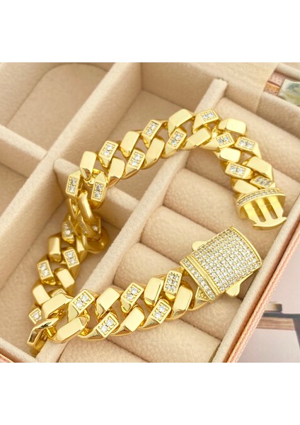 Gurmet Bileklik Tam Tur Zirkon Taşlı Kalın Zincir Çelik Kararmaz Xuping 14AYAR Gold 20CM