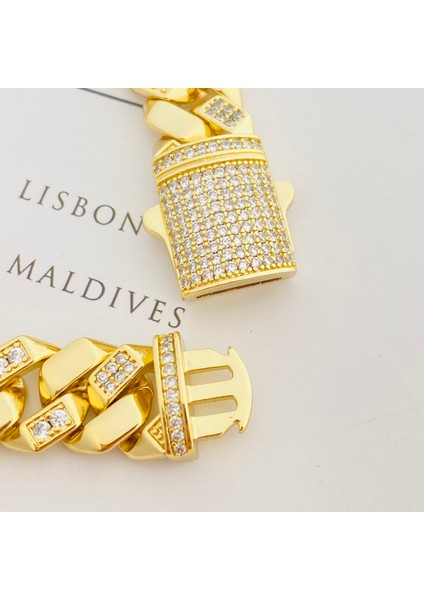 Gurmet Bileklik Tam Tur Zirkon Taşlı Kalın Zincir Çelik Kararmaz Xuping 14AYAR Gold 20CM fiyatları